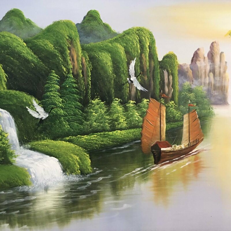 Tranh sơn thủy 3D cảnh thác nước, thuyền buồm, phong cảnh núi non trùng điệp