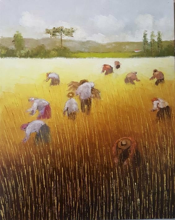 Tranh vẽ phong cảnh nông thôn, người dân gặt lúa trên đồng 
