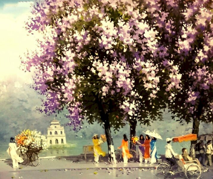 Tranh vẽ phong cảnh hồ gươm - Hà Nội xưa thơ mộng
