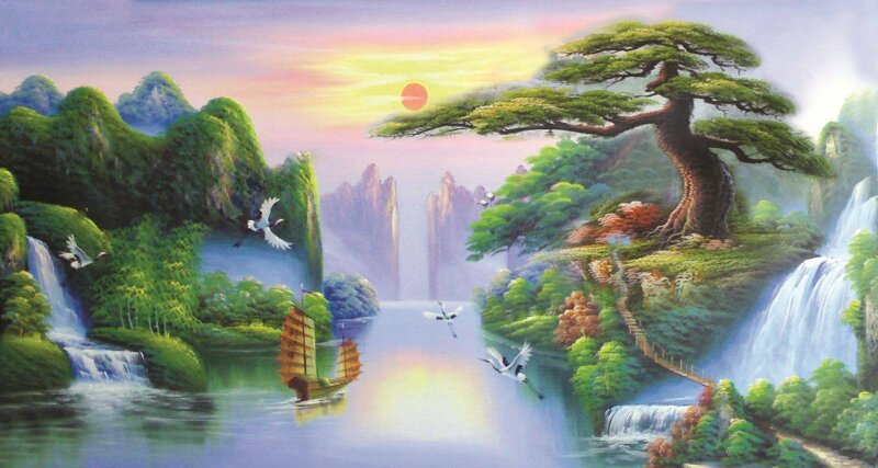 Tranh phong cảnh sơn thủy, hình ảnh làn nước trong xanh với núi non trùng điệp và sương trắng mờ ảo cho cảm giác thư thái