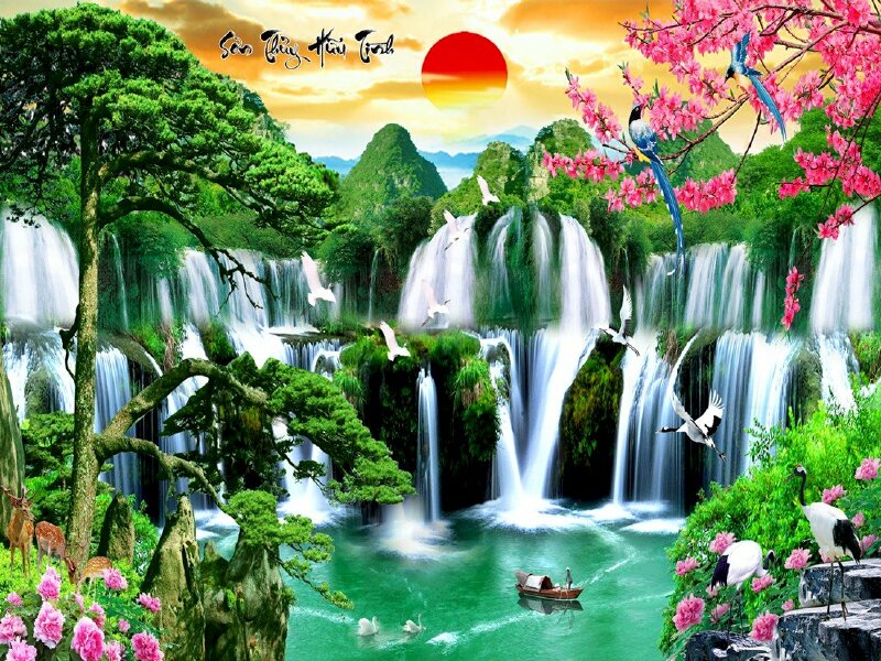 Bức tranh sơn thủy hữu tình, núi biểu tượng cho cuộc sống khỏe mạnh, an lành còn nước mang đến tài lộc, phúc khí cho gia chủ.