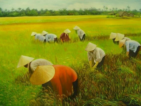 Tranh phong cảnh đồng quê mùa thu hoạch đơn giản mà đẹp