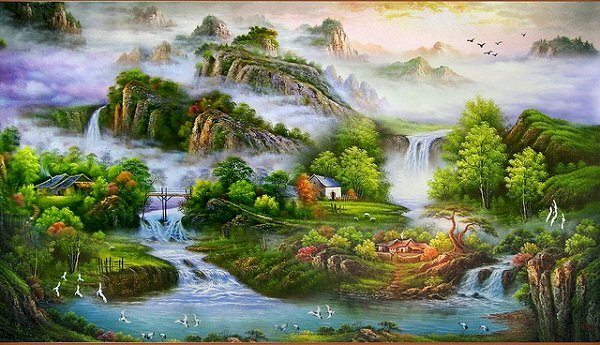 Tranh phong cảnh sơn thủy hữu tình cảnh thác nước, cò bay, phong cảnh núi non trùng điệp