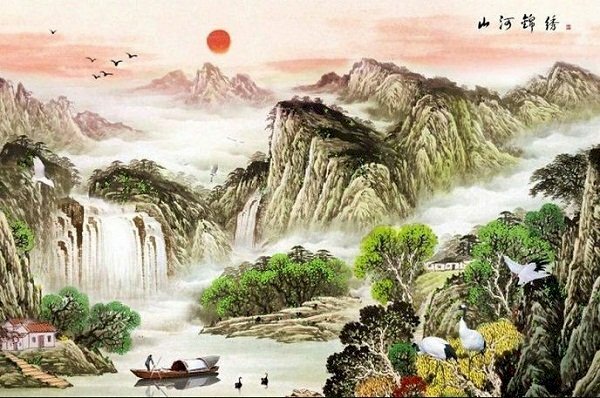 Tranh phong cảnh sơn thủy hữu tình đồi núi, trời cao, mây trắng