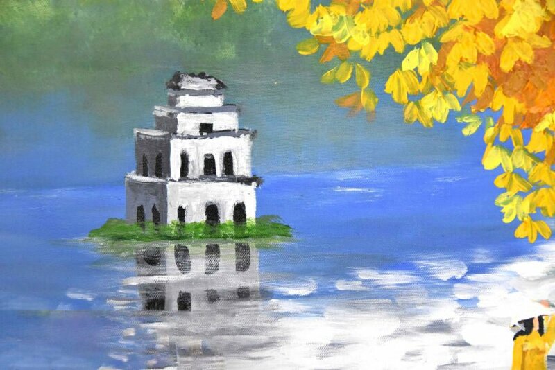 Tranh phong cảnh hồ gươm - Tháp Rùa Hà Nội vào mùa thu thơ mộng