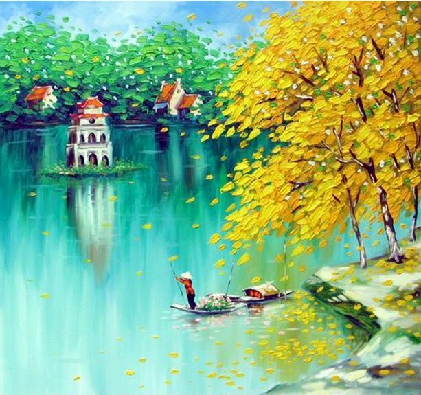 Tranh sơn dầu phong cảnh hồ gươm -  biểu tượng Văn hóa dân tộc Việt đẹp thơ mộng