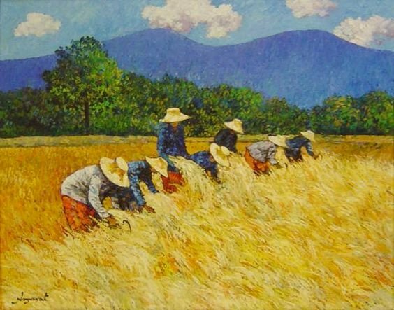 Tranh sơn dầu phong cảnh gặt lúa đẹp nhất 