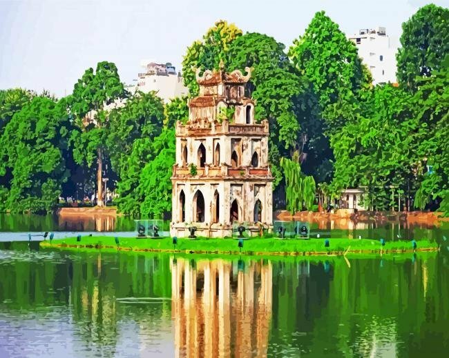 Tranh vẽ phong cảnh hồ gươm đơn giản mà đẹp