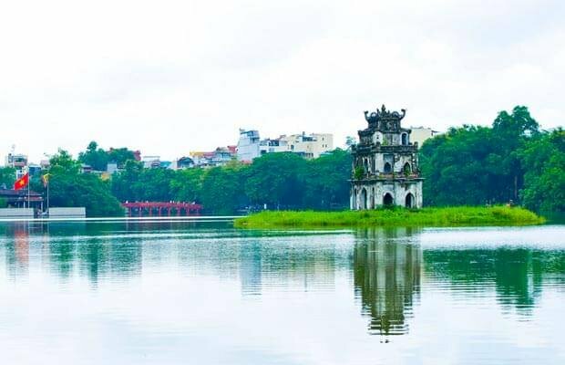 Tranh phong cảnh Tháp Rùa Hà Nội đơn giản đẹp