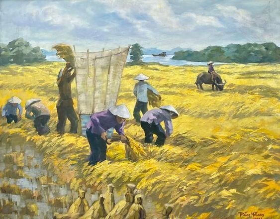 Tranh sơn dầu bà con nông dân đang thu hoạch lúa chín