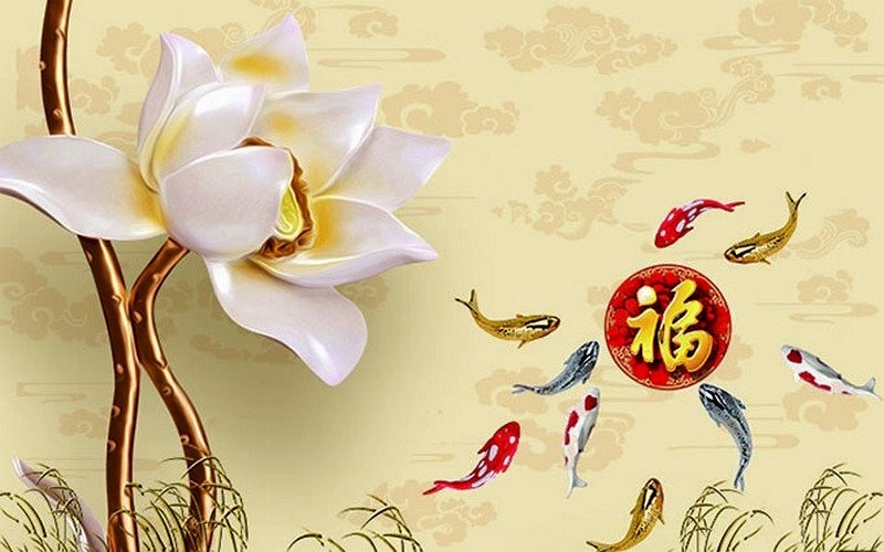 Tranh phong cảnh có hoa sen trắng, cá tung tăng bơi lội  mang đến tài lộc cho người tuổi giáp tý 