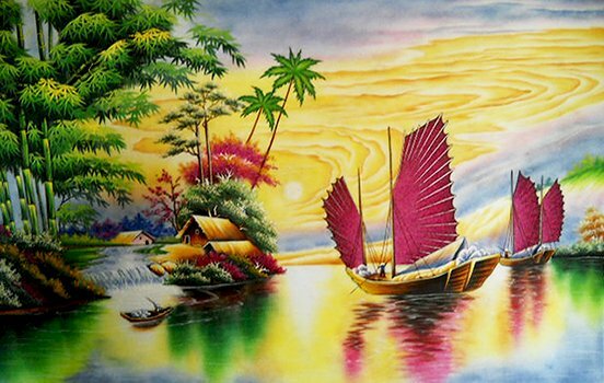 Tranh vẽ phong cảnh thuận buồm xuôi gió, thuyền buồm có mũi thuyền quay về phía bên trong nhà mang đến may mắn cho gia chủ