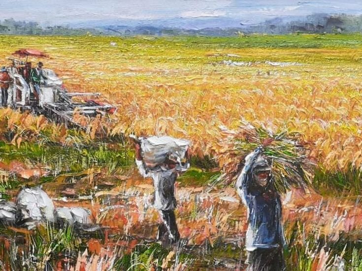 Tranh sơn dầu phong cảnh gặt lúa bằng máy, người nông dân vác lúa về 