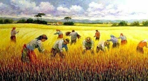 Tranh sơn dầu làng quê vào màu gặt lúa gẫn gũi yêu thương