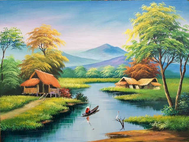 Tranh vẽ phong cảnh miền quê sông nước người mệnh thủy