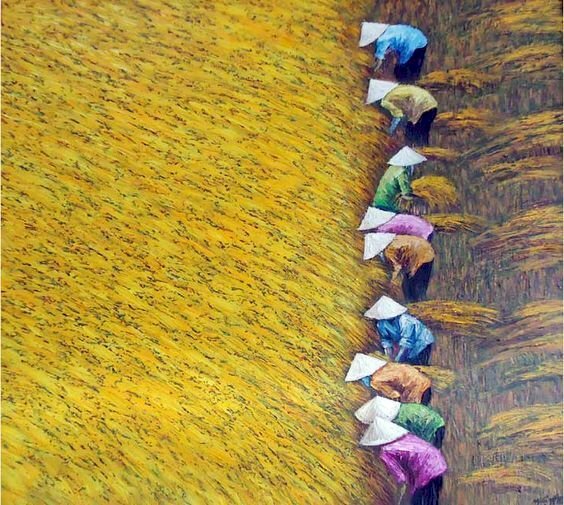  Tranh sơn dầu cảnh cánh đồng lúa chín, người nông dân đang thu hoạch lúa