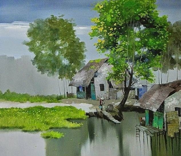 Tranh phong cảnh sinh hoạt ở nông thôn đơn giản đẹp