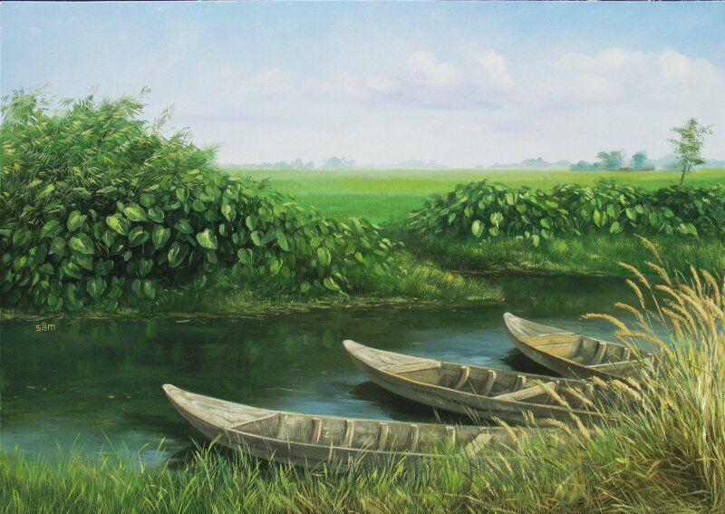 Tranh phong cảnh miền quê sông nước tốt cho tâm trạng và tinh thần của gia chủ mệnh thủy 
