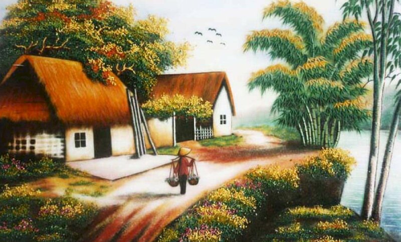 Tranh phong cảnh nông thôn Việt Nam đơn giản đẹp