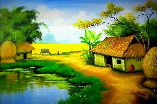 Tranh vẽ phong cảnh miền quê sông nước đẹp cho người mệnh thủy