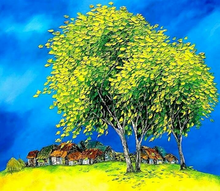 Tranh sơn dầu phong cảnh nông thôn làng quê đơn giản mà đẹp