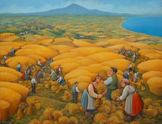 Tranh phong cảnh ngày mùa trên làng quê với cánh đồng lúa chín vàng