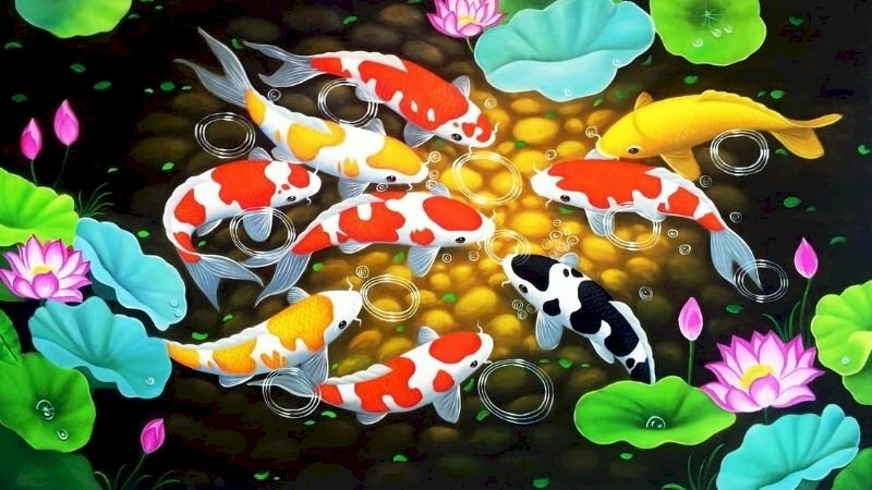 Tranh phong thủy Cửu Ngư đồ tranh Sen cá với 9 cá chép trong áo sen rất phù hợp với người mệnh 