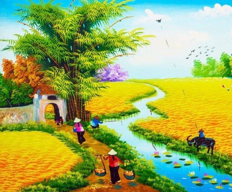 Tranh phong cảnh nông thôn Việt Nam cánh đồng lúa chín vàng