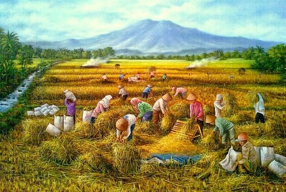 Tranh phong cảnh hoạt động gặt lúa ở làng quê