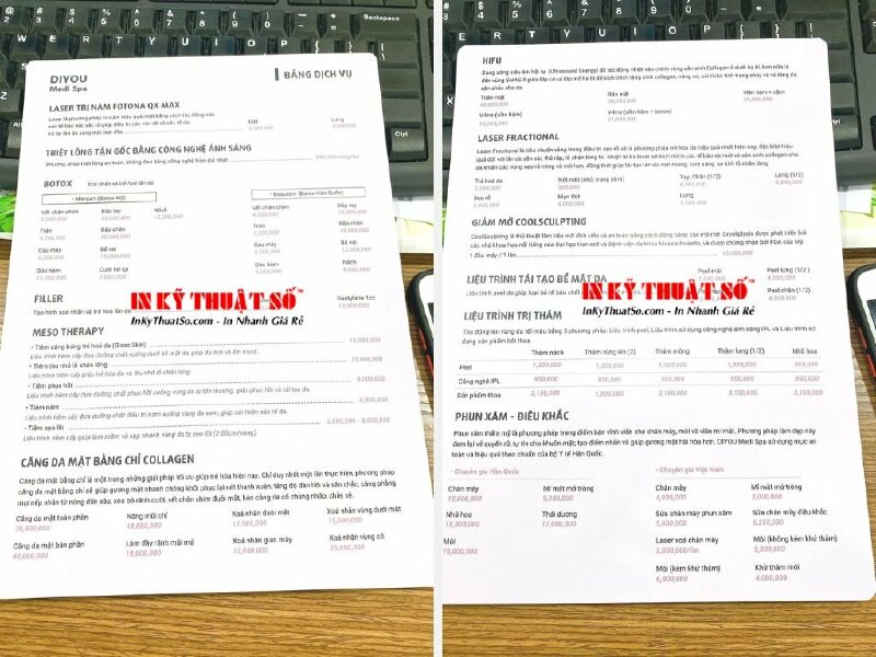 In menu nhựa mỏng khổ A4 - menu bảng giá dịch vụ spa - In Kỹ Thuật Số Since 2006