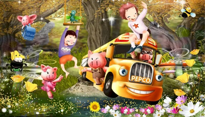 Tranh dán tường 3D hình em bé và những con thú vui nhộn, dễ thương