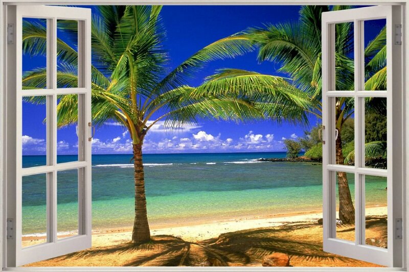 Tranh dán tường cửa sổ 3D cảnh biển tạo cảm giác thoải mái và thư thái