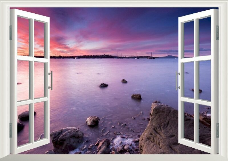 Tranh khung cửa sổ 3D với cảnh biển chiều hoàng hôn tím làm tranh dán tường trang trí đẹp, ấn tượng