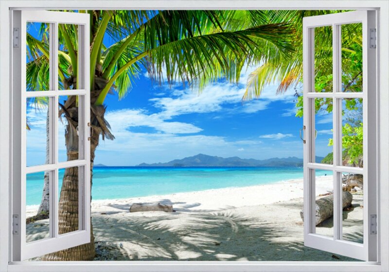 Tranh dán tường cửa sổ 3D cảnh biển tràn ngập ánh nắng tuyệt đẹp