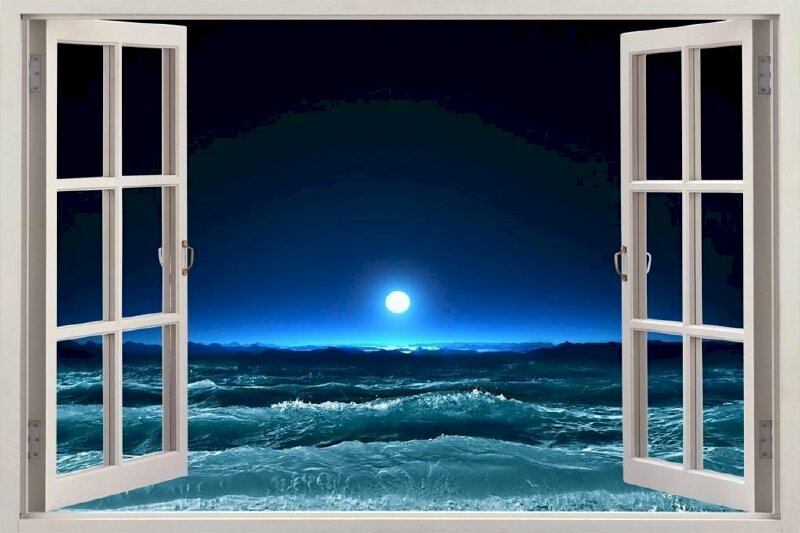Tranh 3D khung cửa sổ với cảnh biển đêm trăng sáng làm tranh dán tường tuyệt đẹp