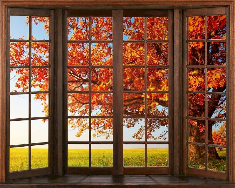 Tranh dán tường khung cửa sổ 3D với phong cảnh thiên nhiên đẹp