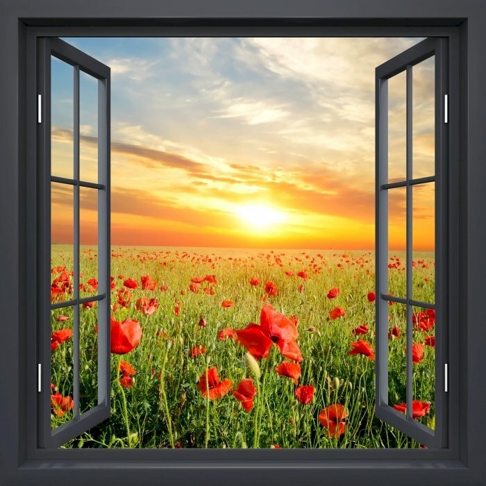 Tranh 3D khung cửa sổ và cánh đồng hoa làm tranh dán tường trang trí phòng khách đẹp hút mắt