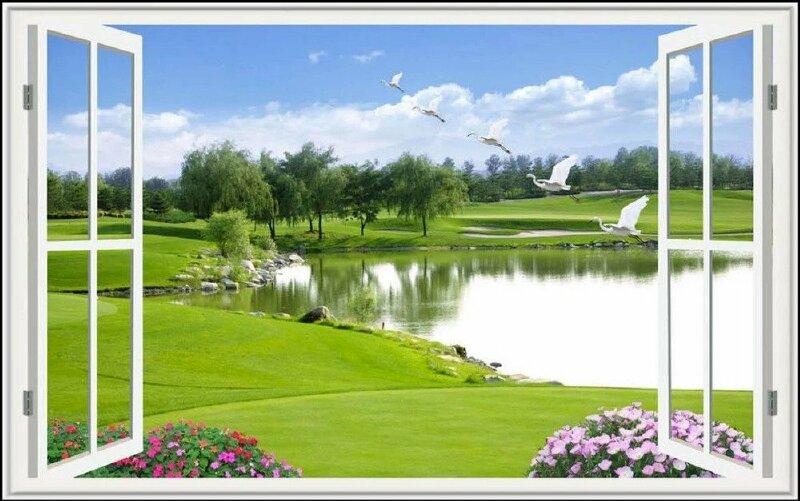 Tranh dán tường cửa sổ 3D khung cảnh thiên nhiên đẹp nhẹ nhàng, bình yên