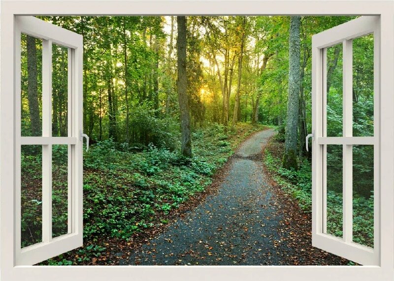 Tranh dán tường khung cửa sổ 3D phong cảnh rừng cây xanh và con đường