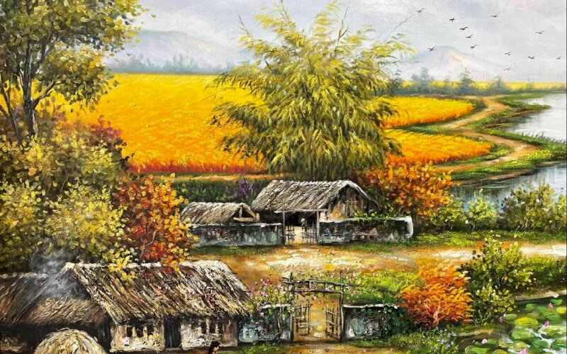 Tranh dán tường khung cảnh làng quê Việt Nam lúa chín vàng ươm