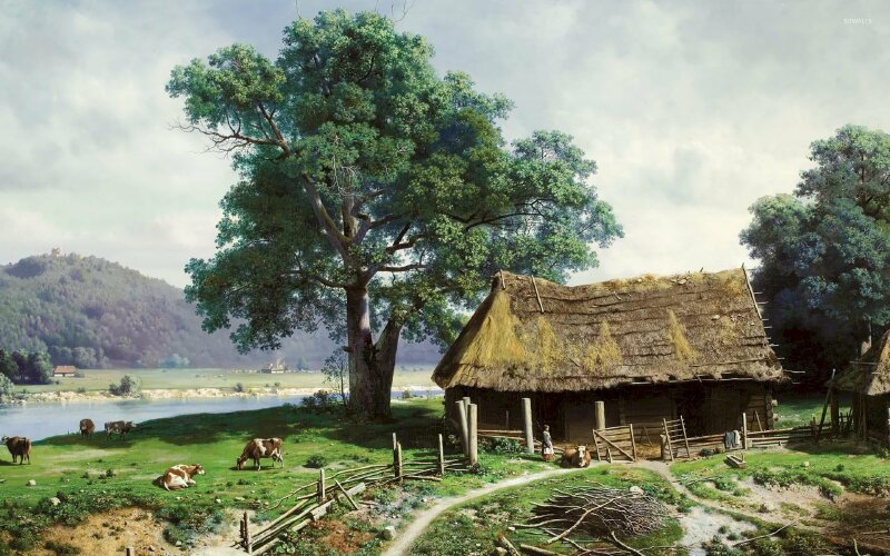 Tranh dán tường phong cảnh làng quê thanh bình ngôi nhà nhỏ và đàn bò đang gặm cỏ xanh bên sông