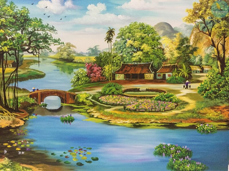 Tranh làng quê Việt Nam thời phong kiến khung cảnh mái đình làng biển