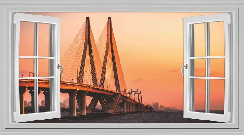 Tranh dán tường cửa sổ 3D khung cảnh thành phố hoàng hôn đơn giản, đẹp