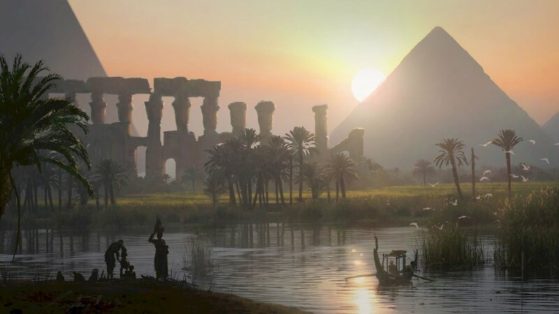 Tranh phong cảnh Ai Cập cổ đại trong ánh chiều hoàng hôn tuyệt đẹp