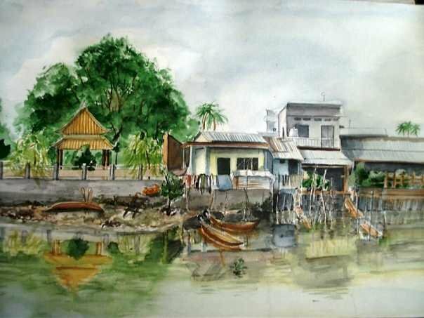 Tranh vẽ phong cảnh quen thuộc rất Việt Nam đơn giản, đẹp