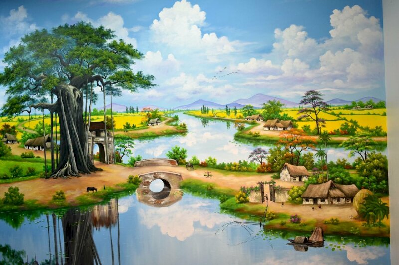 Tranh phong cảnh một làng quê miền Bắc tuyệt đẹp