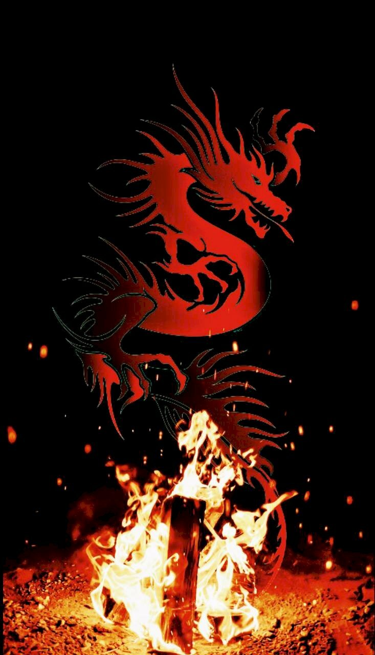 Tranh phong cảnh rồng lửa bay xung quanh ngọn lửa