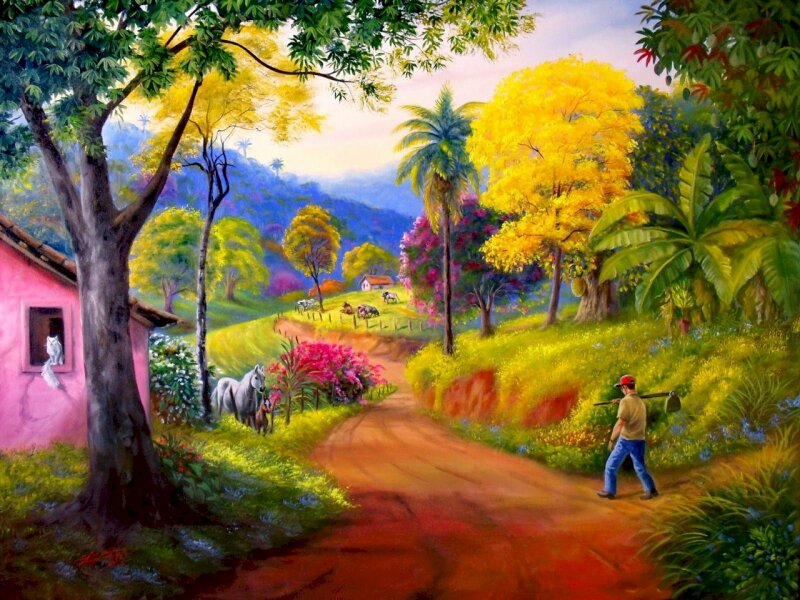 Tranh phong cảnh con đường làng đầy cỏ cây