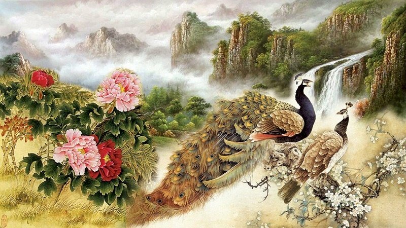 Tranh phong cảnh mây núi chim công hoa mẫu đơn tuyệt đẹp cho người mệnh Thổ