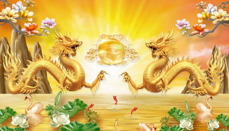 Tranh phong thủy đôi rồng vàng bên viên ngọc tuyệt đẹp